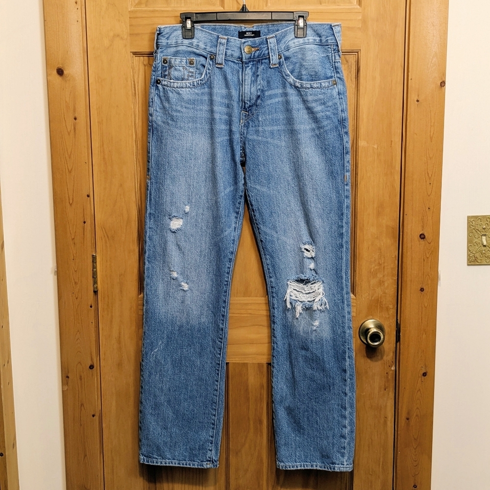 True Religion Mens Jeans Blue 35x32 Ricky Relaxed Straight Distressed  Grunge - Picture 2 of 11